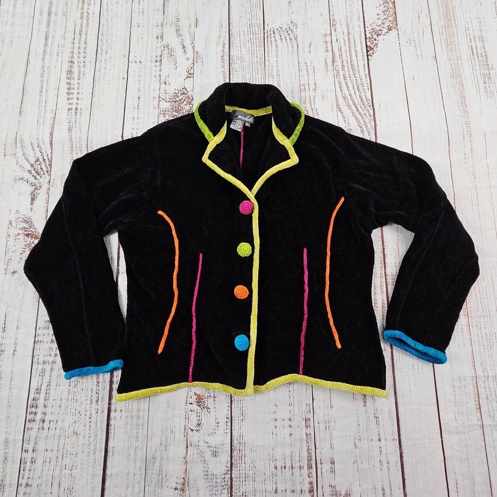 Lisa Nichols Black Colorful Neon Piping Buttons Soft Knit Cardigan Sweater L